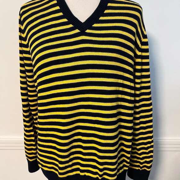 Navy Blue Yellow Striped Reversible Windbreaker/Sweater with White Zipper Side - Picture 6 of 6